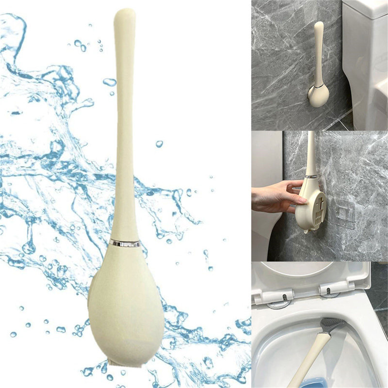 Flexible Flat Head Toilet Brush, Wall Mounting No Drilling With Drying Stand, Beige