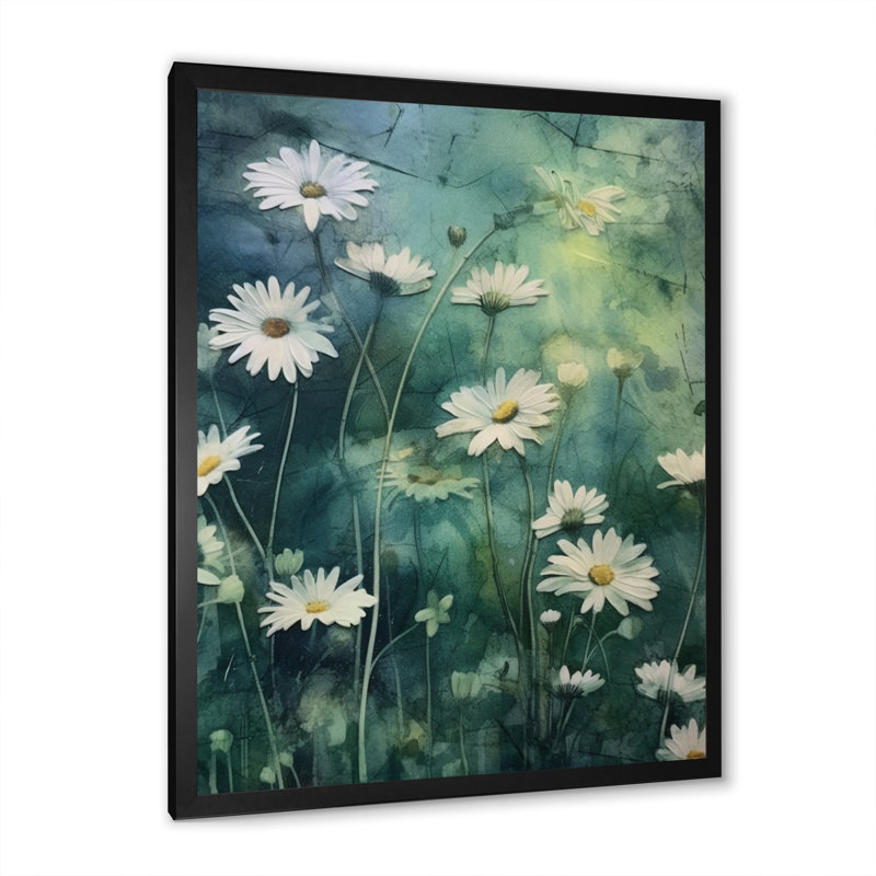 Fusion de marguerites blanches et vertes II sur toile, H 20 po x l 12 po x P 1 po, Cadre photo noir