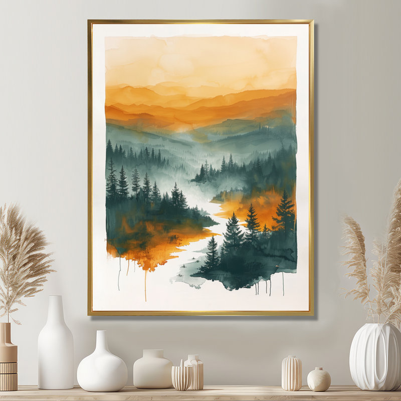 Décoration murale orange forêt verte sauvage au coucher du soleil I - forêt, Cadre photo noir, H 40 po x l 30 po
