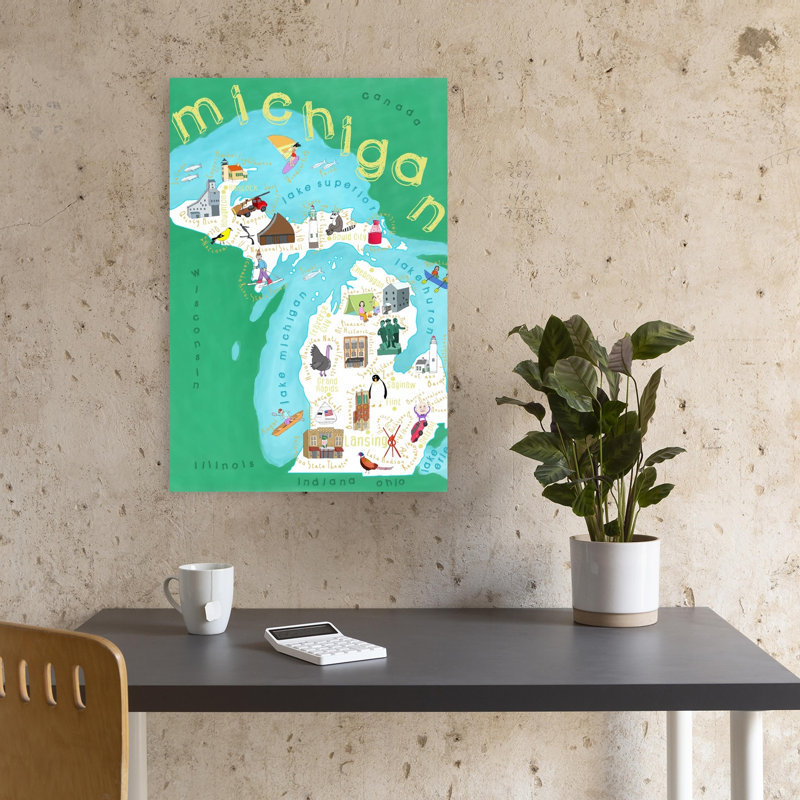 Illustrated Michigan Map Colorful Abstract Contemporary Nature City Wall Art Print 1 Piece Wrapped Canvas Wall Art