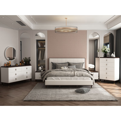 Lit, tissu gris clair, finition blanche et noyer