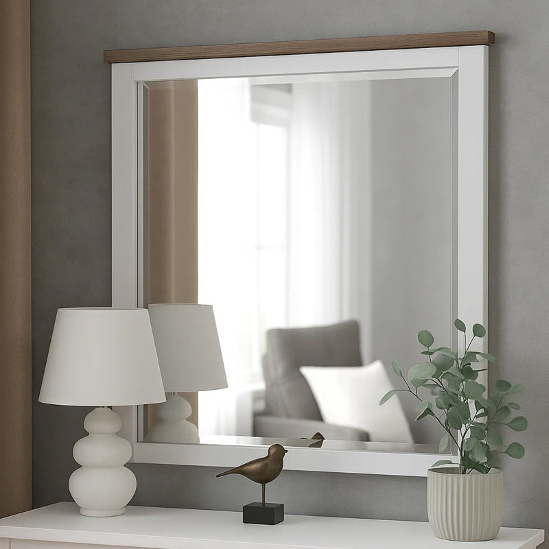 Tela 36 Inch Dresser Mirror, Blue Pinewood Frame, Dark Brown Top, Blue/Dark Brown