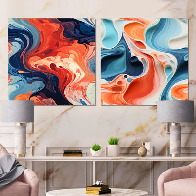 Encre liquide bleue et orange, "IV", art mural sur toile