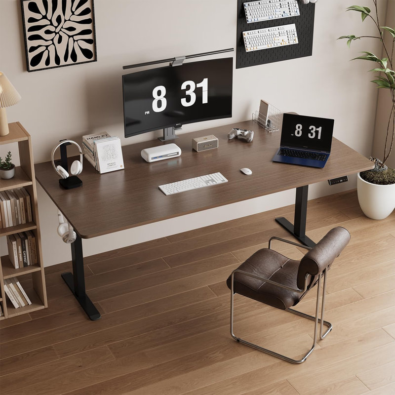 140CM x 70CM Electric Height Adjustable Standing Desk, Black, Brown, 140cm x 70cm