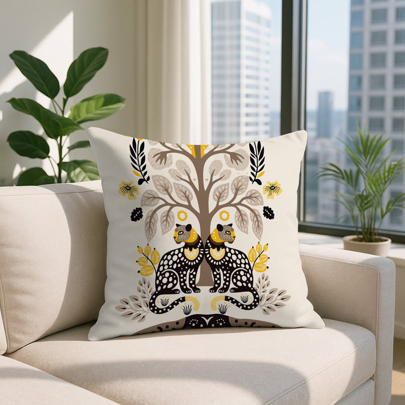 Oreiller carré réversible intérieur / extérieur Zim Leopard, Jaune, Carré 15 po