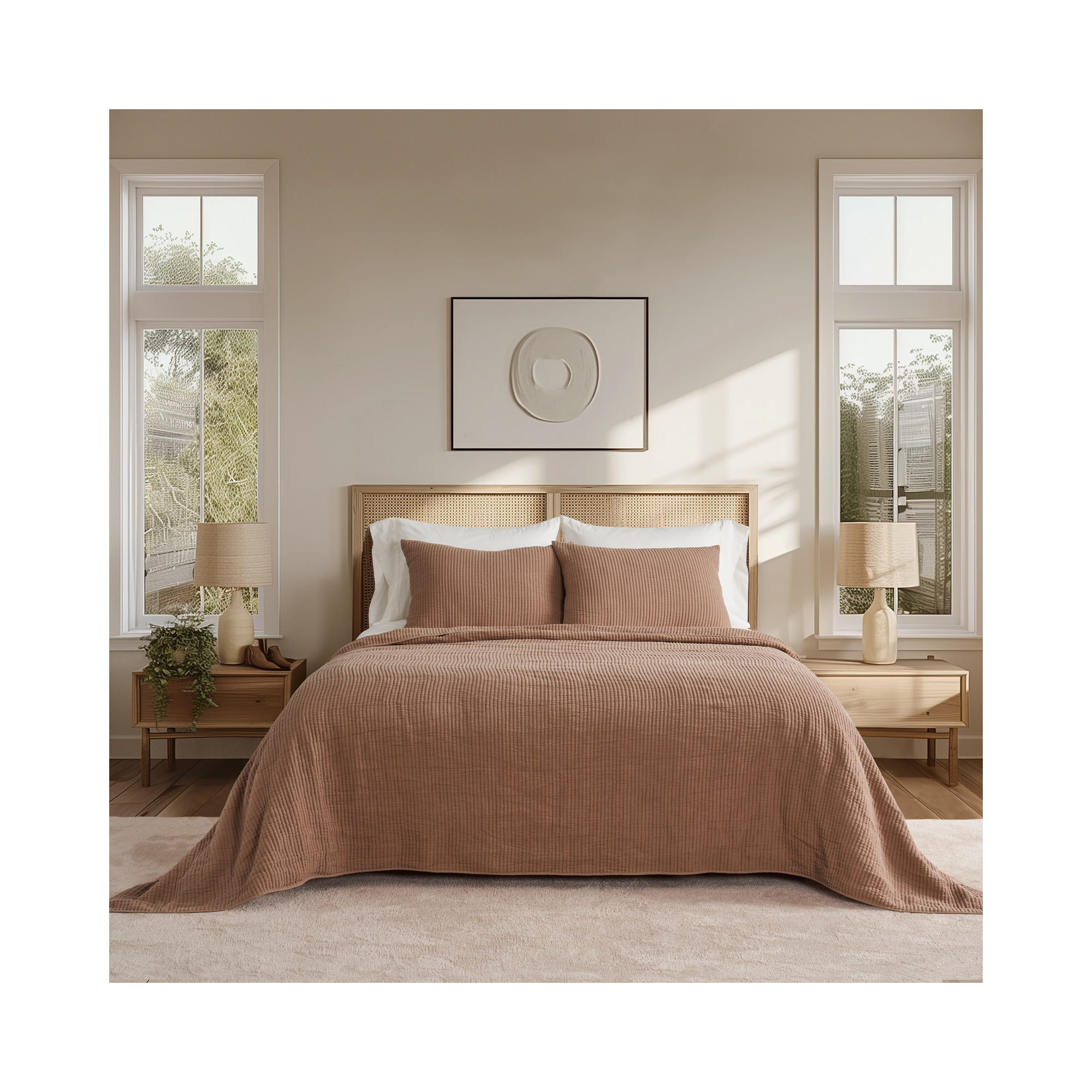 Ribbed Matelassé Cotton Coverlet Set, King Quilt + 2 King Shams, Clay