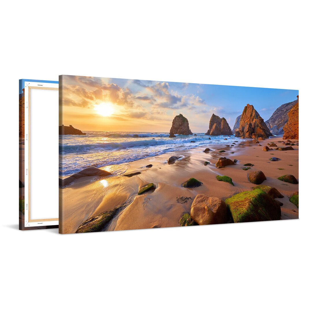 Leinwandbild Sea Beach With Rocks Xcm – Premium Leinwanddruck – Kunstdruck Auf Cm Holz-Keilrahmen Für Schlaf- Und Wohnzi...