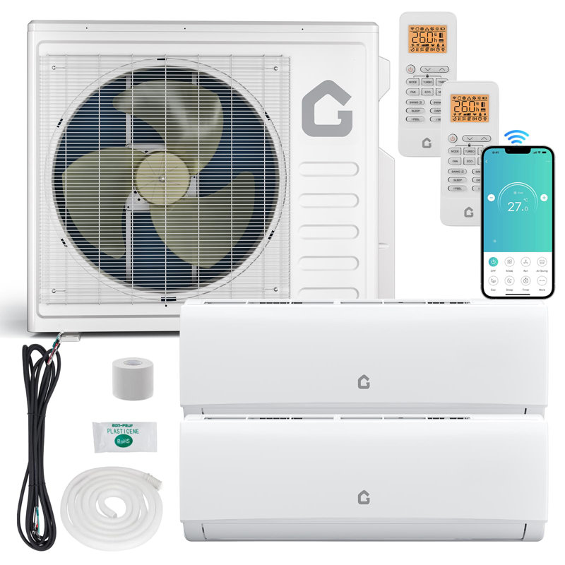 28K BTU Dual Zone WIFI Mini Split AC/Heating System, 20 SEER2 12000 + 18000 BTU Ductless 2 Zone Mini Split Air Conditioner & Heat Pump, No Copper Tube Line Set Included-208-230V