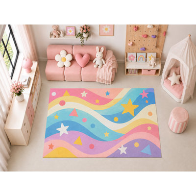 Tapis d'intérieur ultramince 152 x 213 cm (5' x 7') à motifs d'étoiles ondulées et de formes géométriques, idéal pour la chambre d'enfant, la crèche, la salle de classe et la salle de jeux. Doux et à poils courts, avec revêtement antidérapant en silicone.