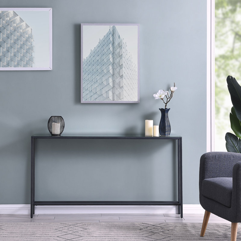 Darrin Narrow Long Console Table W/ Mirrored Top – Gunmetal Grey, 30" H x 56" W x 8" D
