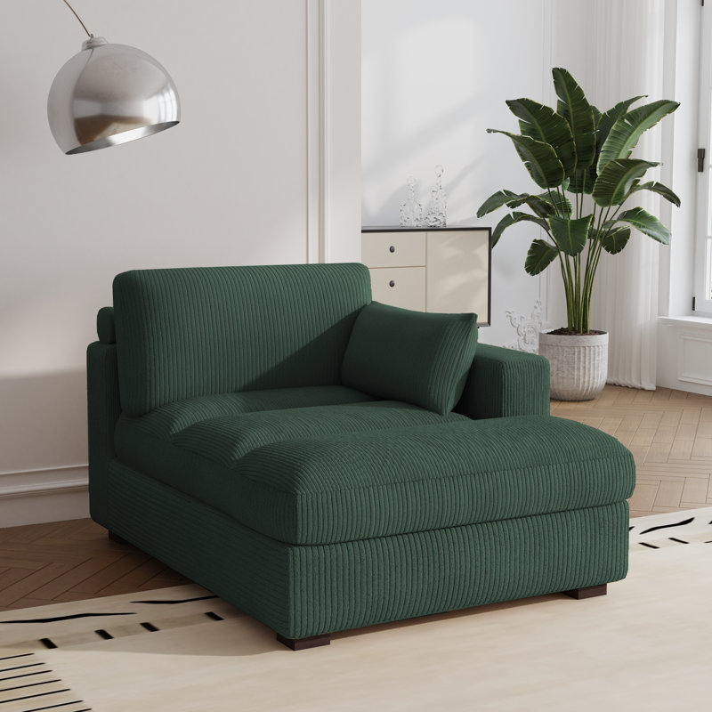 Bentura Oversized Upholstered Hunter Green Corduroy Chaise Lounge with Armrests & Throw Pillows, Right Hand Facing