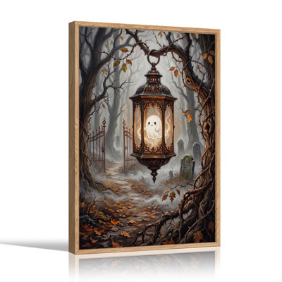 Mignon fantôme dans une lanterne, forêt d'automne effrayante, art mural d'Halloween
