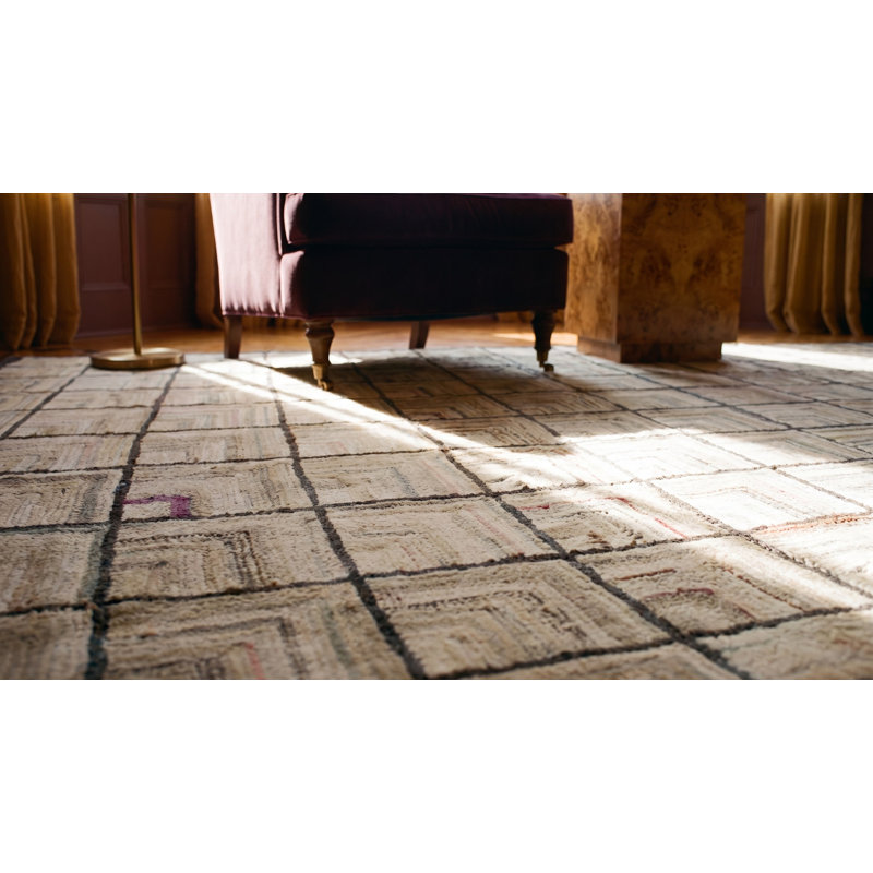 Light Ivory Color Antique American Folk Art Geometric Log Cabin Pattern Hooked Rug