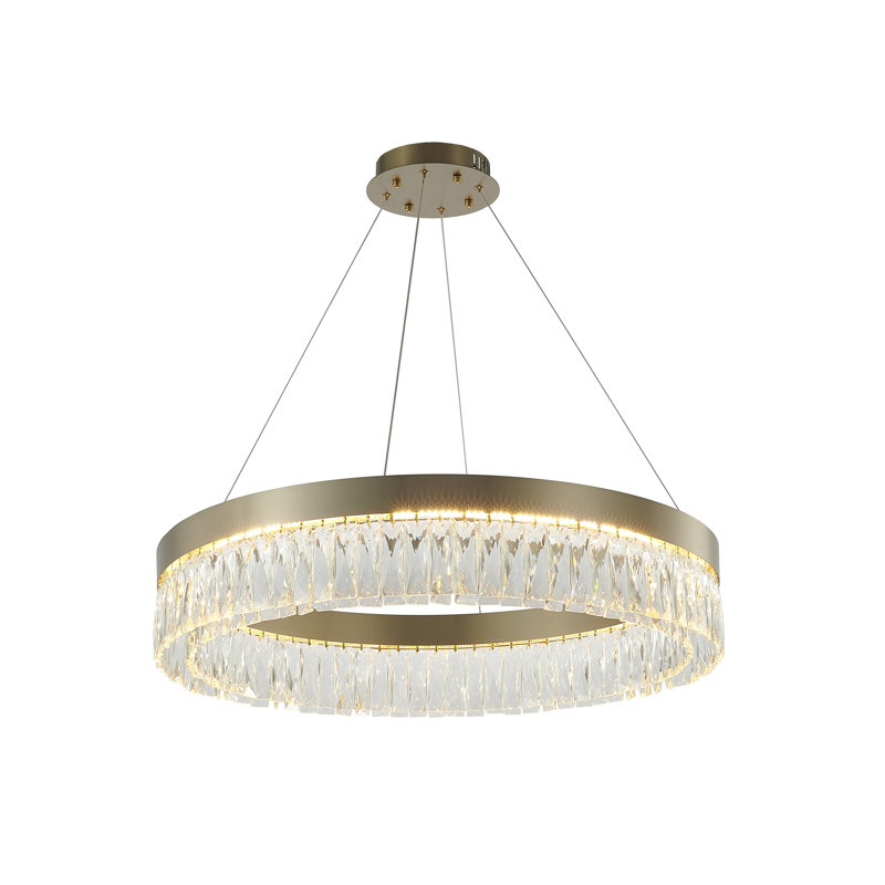 A Round LED Chandelier With Crystal Accents, 65" H x 32" W x 32" D, Gold