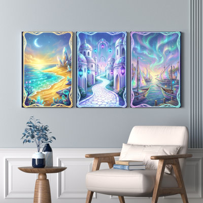 Fantasy Beach Castle And Harbor Canvas Wrapped Wall Art Set Of 3