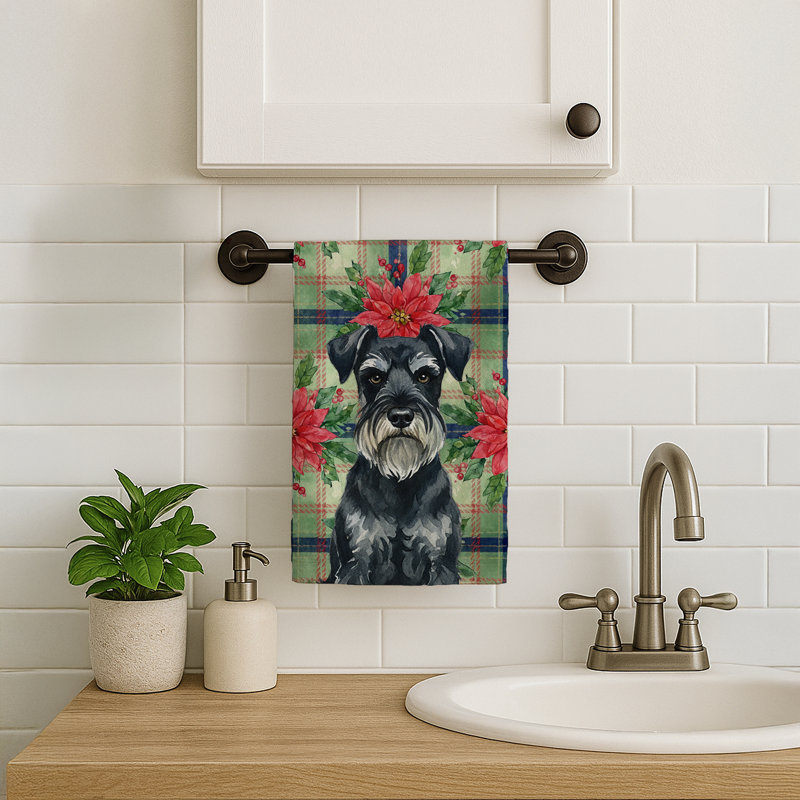 Standard Schnauzer Christmas PoinsettIas Kitchen Towel, Black/White Standard Schnauzer