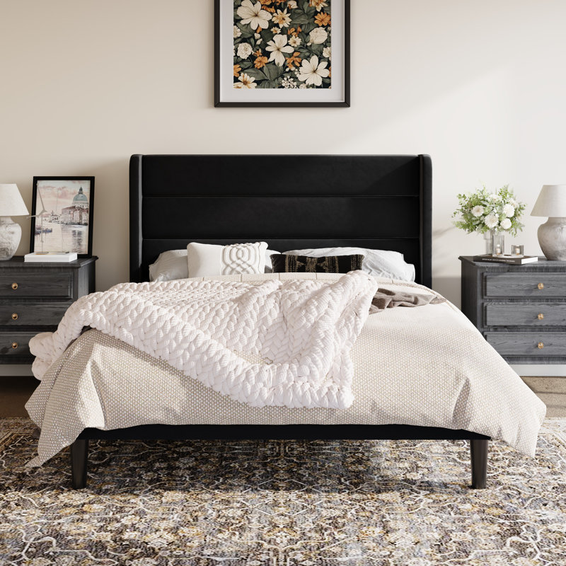 Modern Velvet Upholstered Platform Bed With Wooden Slats Wingback Headboard Included, Queen, Black