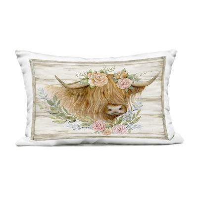 Highland Cow Head with Roses Outdoor Printed Pillow design by Susan Winget