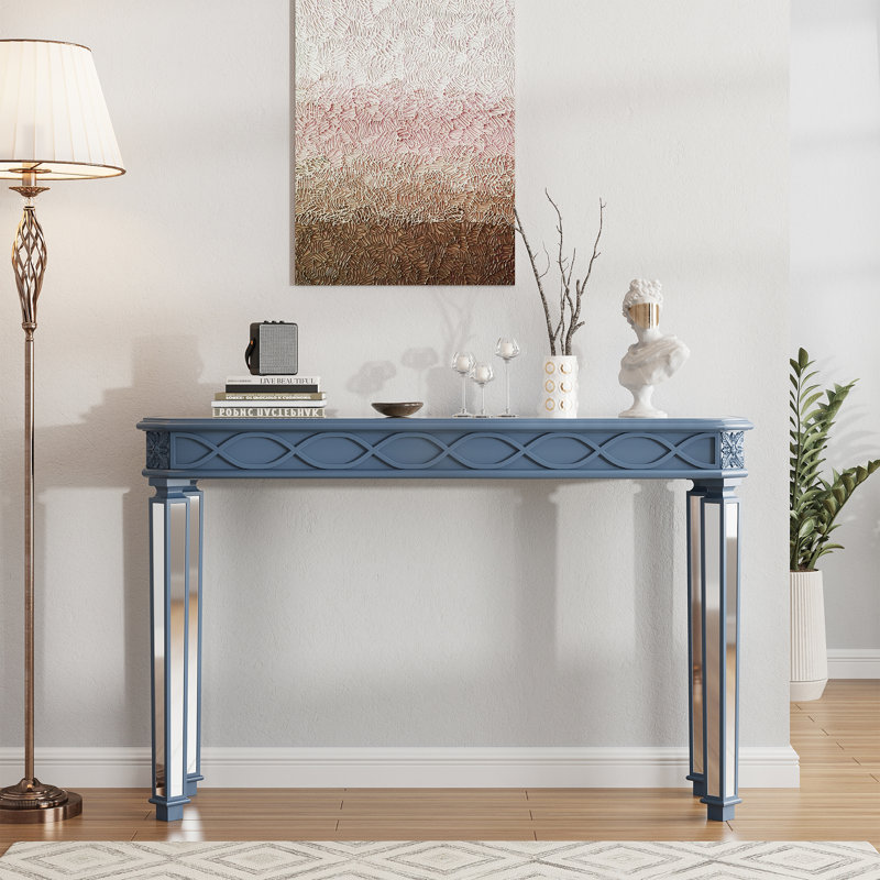 Console Mid-Century avec miroir en bois massif, Bleu