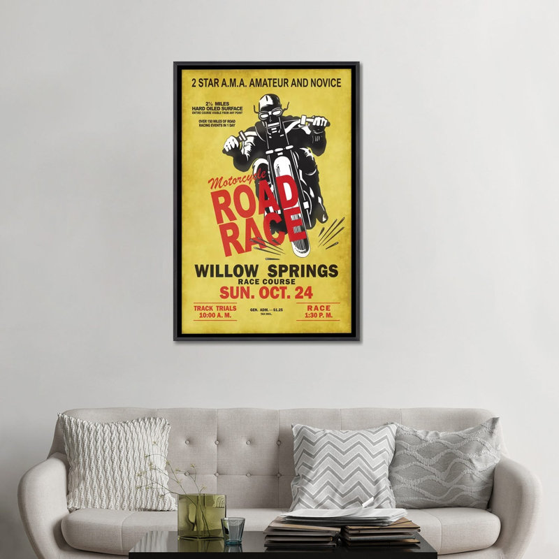 «Willow Springs Road Race» par Mark Rogan - publicité imprimée, H 48 po x l 32 po x P 1,5 po, Toile avec cadre noir patiné