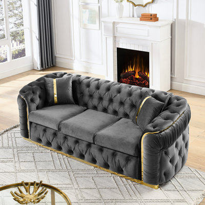 90.6 Inches Gray Velvet With 2 Pillows, 3 Seater Luxury Button And Gold Stainless Steel Embellishments For Living Room Couch, Pillows Ornaments