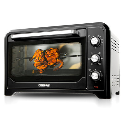 GEEPAS Mini Oven & Grill Rotisserie Baking Roasting & Grilling 1600W Temp Control 100–230°C Double Glass Door 60min Timer Auto Shut Off Bell