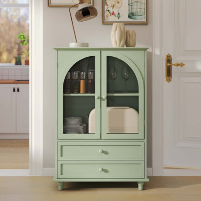 Farmhouse Storage Cabinet, Arched Tempered Glass Door Buffet Sideboard with Tiered Top, 2‑Drawer Pantry Cabinet for Kitchen Dining Living Room Entryway Coffee Bar
