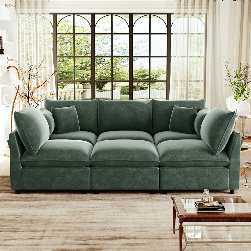 Canapé modulaire rembourré en chenille Coburn avec repose-pieds mobile, rangement et ports USB, Vert