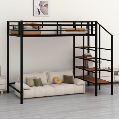 Lit mezzanine simple en métal avec grille de rangement supérieure et échelle de rangement latérale