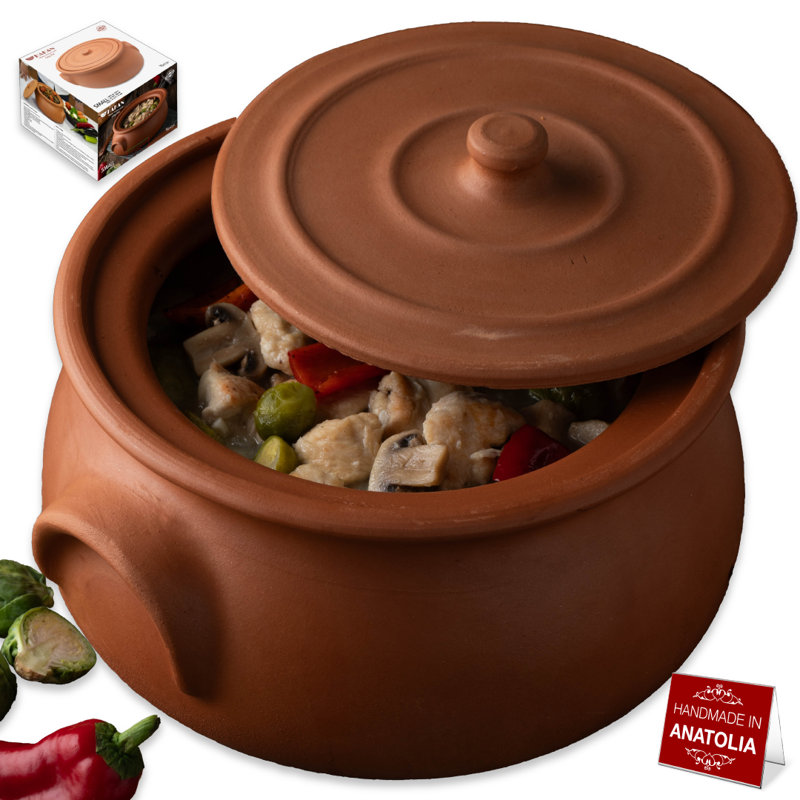 Pot en argile fabriqué à la main Hakan, couvercle, non émaillé, grand, 7,6 pte, 7,2 L