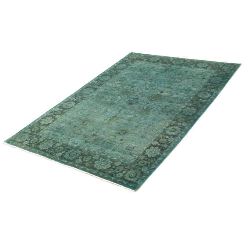 Tapis cyan en laine noué à la main de conception unique 6 pi 1 po x 8 pi 11 po
