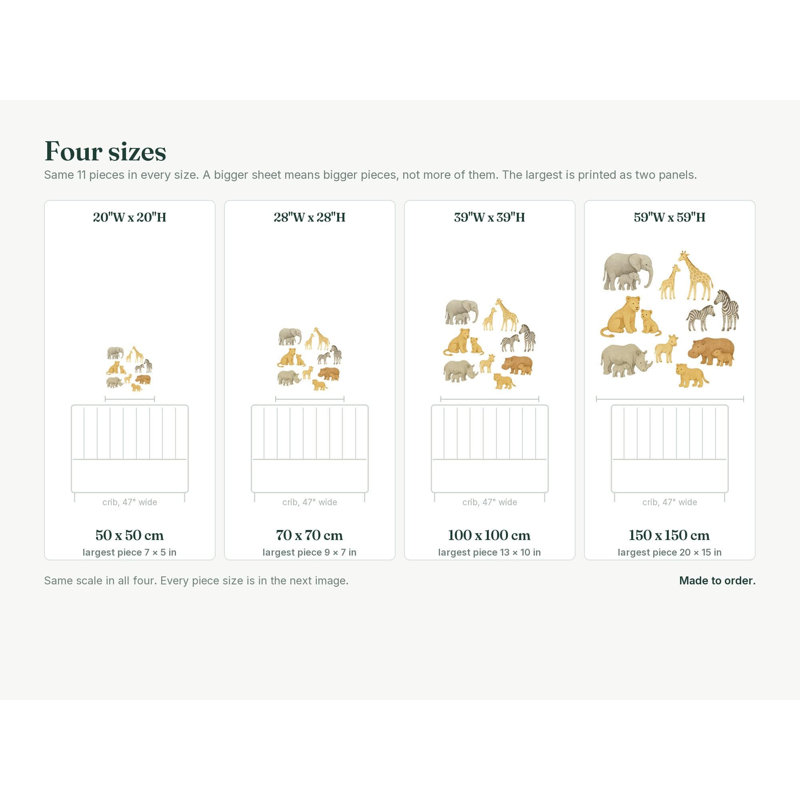 Safari Mother And Baby Wall Decals, Set of 11 Peel and Stick Nursery Wall Stickers, Satin Finish Removable Kids Room Wall Art, 20"W x 20"H (50 x 50 cm)