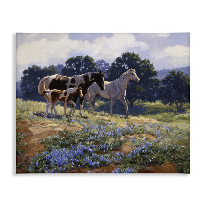 «Horse Family in Floral Meadow», art mural par Claire Goldrick, H 36 po x l 48 po