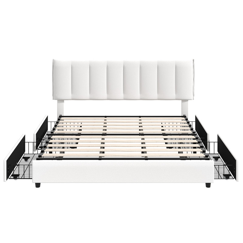  Cahlin King Storage Bed Frame Velvet Upholstered Platform Bed with 4 Storage Drawer, Adjustable Headboard and Wood Slat Support, White