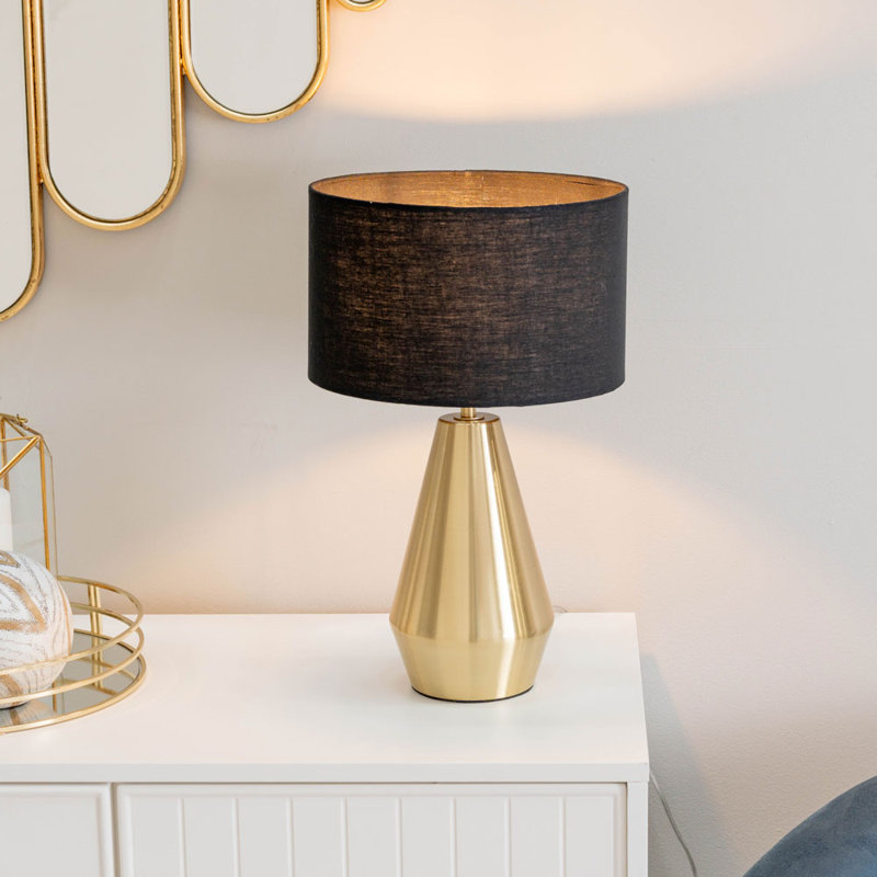 Jax Metal Dimmable Touch Table Lamp with Fabric Drum Shade with LED Bulb, Gold, Black