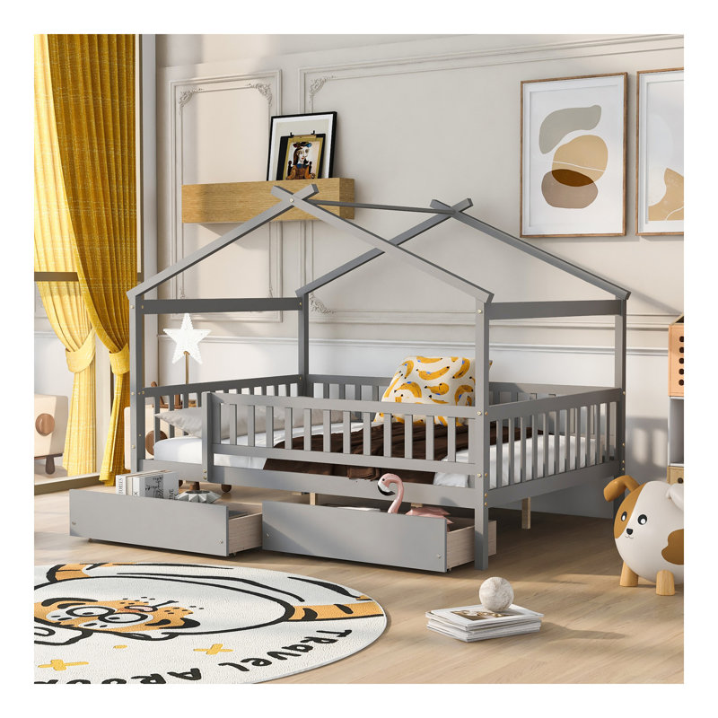 Lit double en bois avec deux tiroirs, gris, Gris, Lit double
