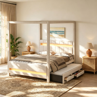 Grand lit plateforme à baldaquin tapissier avec lumières DEL, lit gigogne simple, 3 tiroirs de rangement, tête de lit, beige