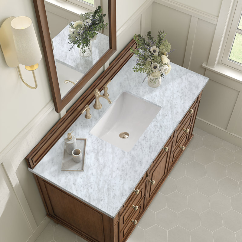 Lorelai 48'' W Single Vanity, 8" Widespread, Carrara White Marble, Mid-Century Walnut