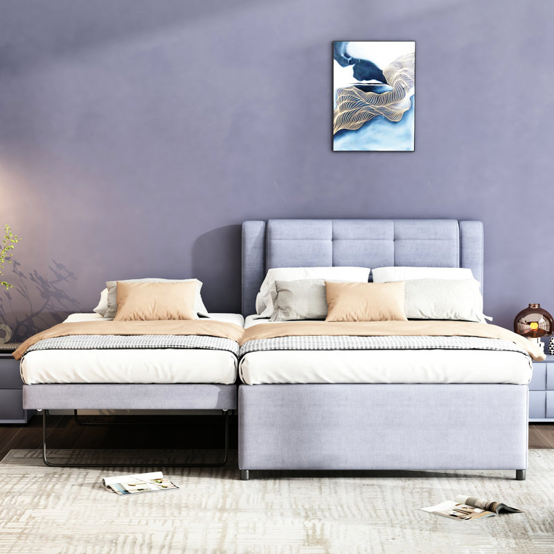 Lit double avec lit gigogne pliable gris - Structure et plateforme de revêtement mobile gris. Fabrication en bois massif. Pas de sommier tapissier. Endroit confortable pour dormir