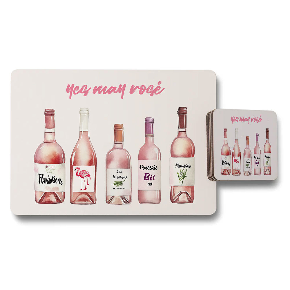 Wine Bottle Themed Placemat And Coaster Set With Pink Rosé Artwork