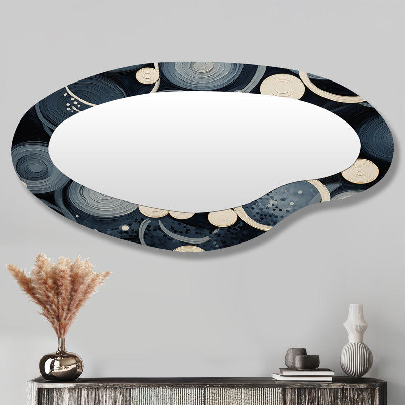 Lunes blanches sur bleu rétro - Art abstrait géométrique en métal - Miroir mural moderne et irrégulier