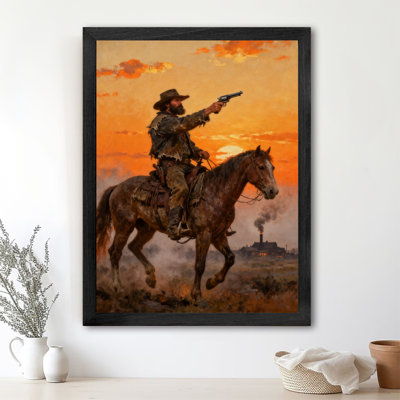 Black Framed Vintage Under the sunset smoke, dressed in tattered cowboy attire, riding a horse with a gun Wall Art Retro Style Framed Prints