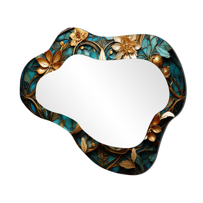 Retro Gold And Teal 3D Flowers - Botanicals Asymmetrical Decorative Mirror, Modern Cloud Large Wall Mirror, Printed Metal Art