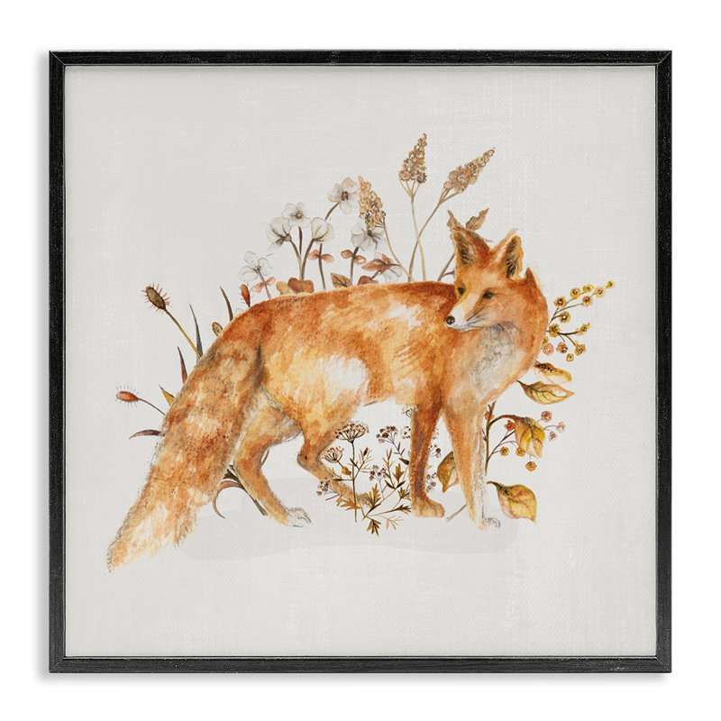 Renard de forêt et art botanique par Janice Gaynor, H 12 po x l 12 po, Giclée encadrée noir minuit