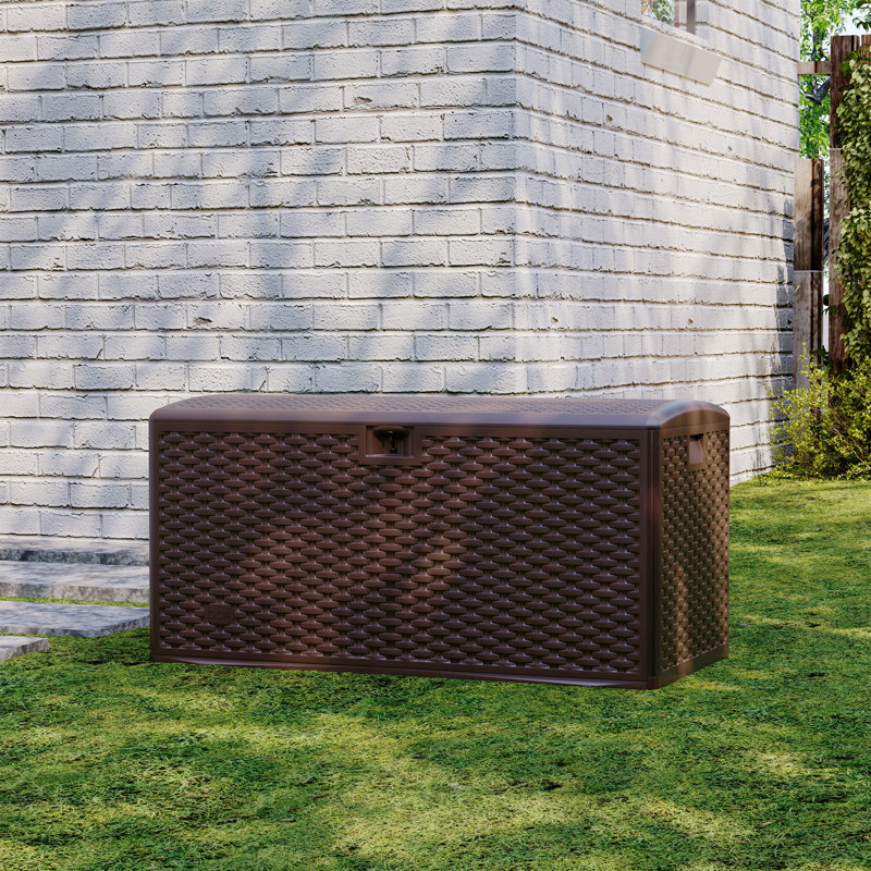 120 Gallon Waterproof Large Resin Deck Box Indoor Outdoor, Lockable Storage Container for Patio Furniture Tools, Waterproof Deck Box with Hydraulic Rod Patio Storage Bin for Pool Garden, Brown
