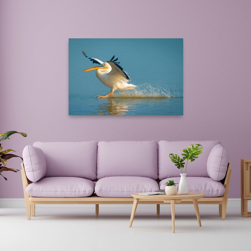 White Pelican Landing Splash Bird Pelican Nature Ocean Wall Art Print 1 Piece Wrapped Canvas Wall Art, 101.6cm H x 152.4cm W