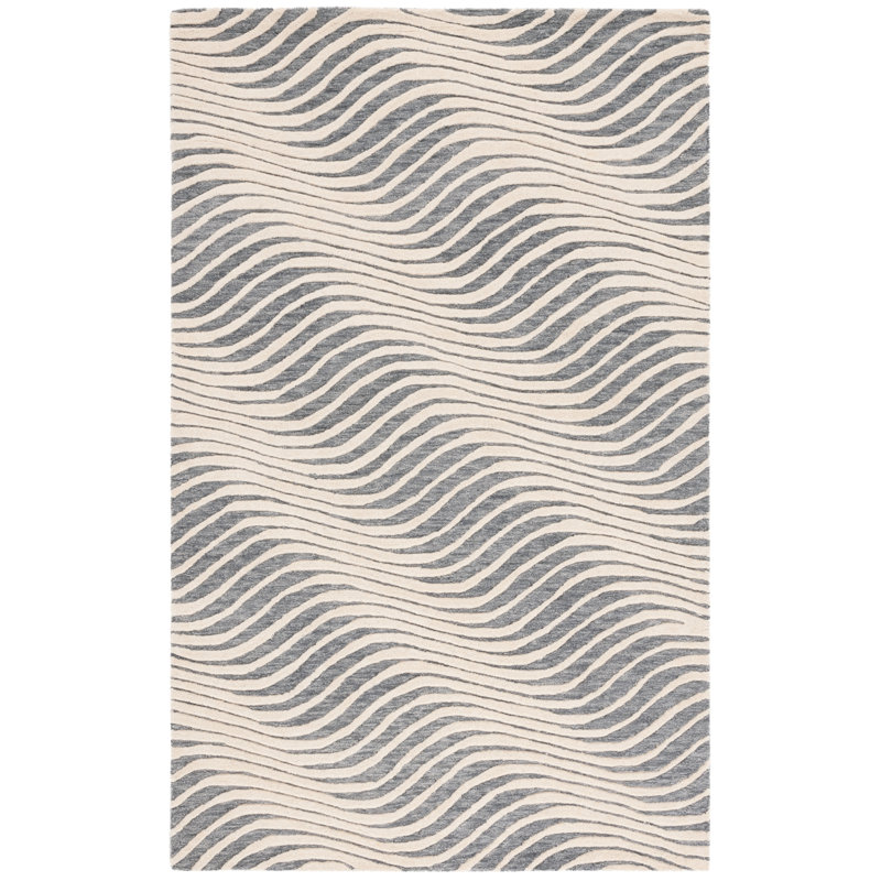 Tapis abstrait gris / ivoire en laine / coton touffeté à la main Ebony 707, Rectangle 3 pi x 5 pi