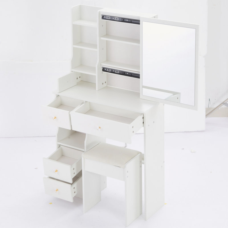 Small Size Left Drawer Desktop Vanity Table + Cushioned Stool, Extra Large Sliding Mirror, Multi Layer, High Capacity Storage Fashionable Dresser, Suitable For Small Space, EPA,GCC,UL Certificate