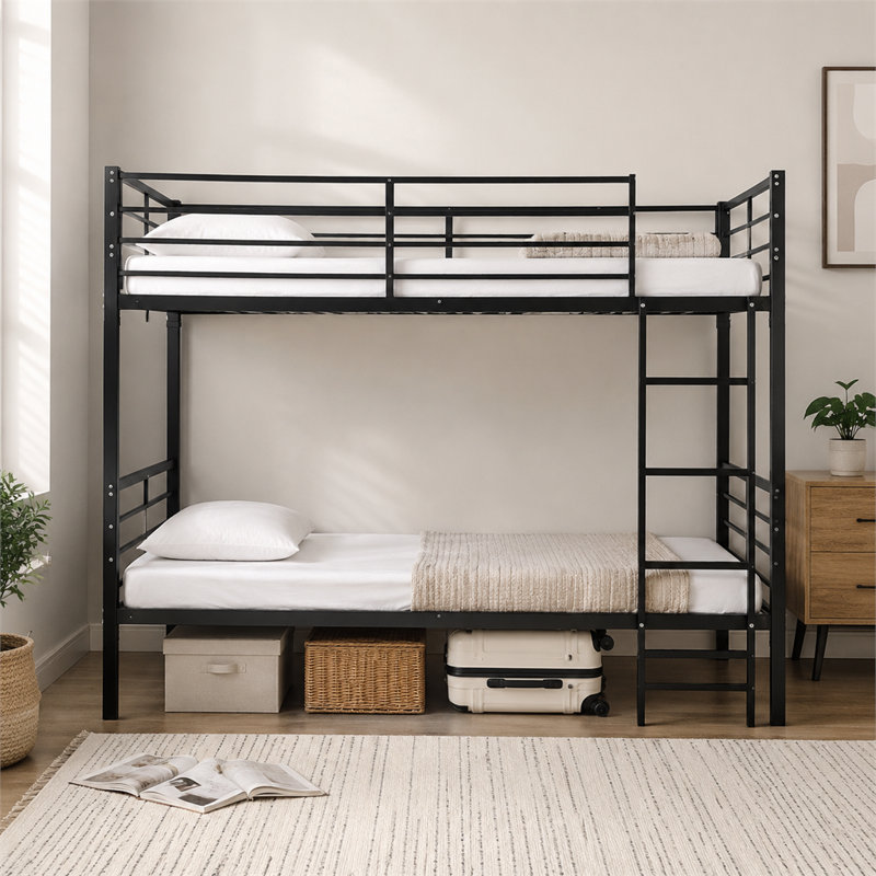 Lit superposé en métal noir de 78 po x 66,1 po x 40,9 po avec échelle et garde-corps hauts; lits simples simples; conception silencieuse avec espace de rangement sous le lit.
