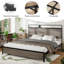 Structure de lit plateforme très grand en bois avec tête de lit à DEL, ports USB, rangement, silencieux, facile à assembler, gris antique-467599080